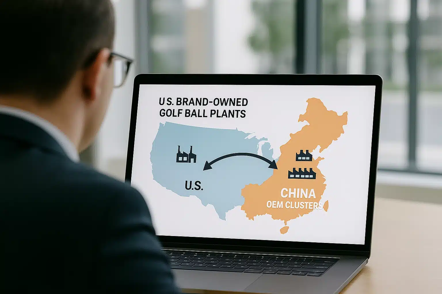 map showing U.S. brand-owned golf ball plants and China OEM clusters on laptop screen