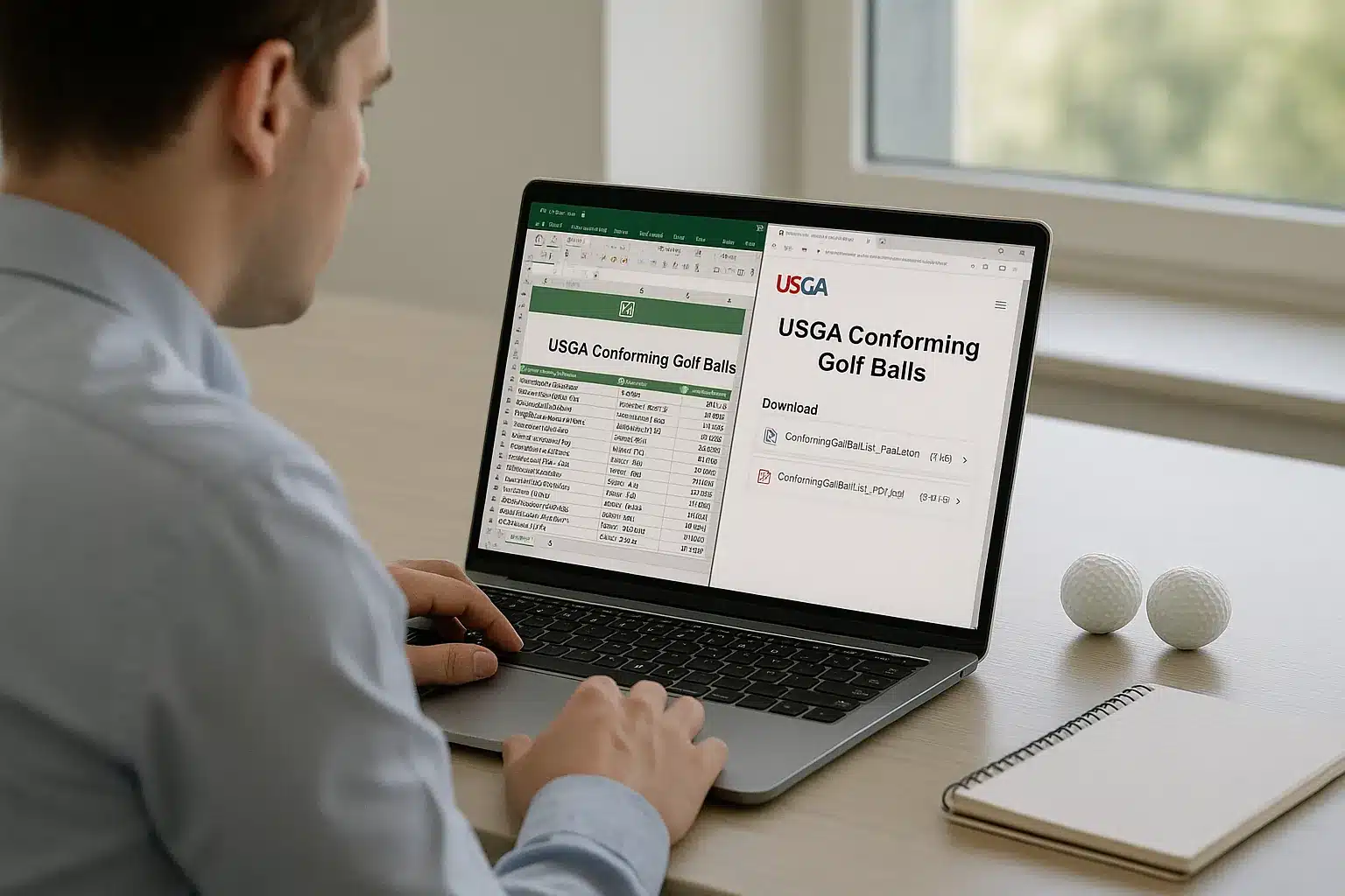 person reviewing USGA conforming golf ball list on laptop