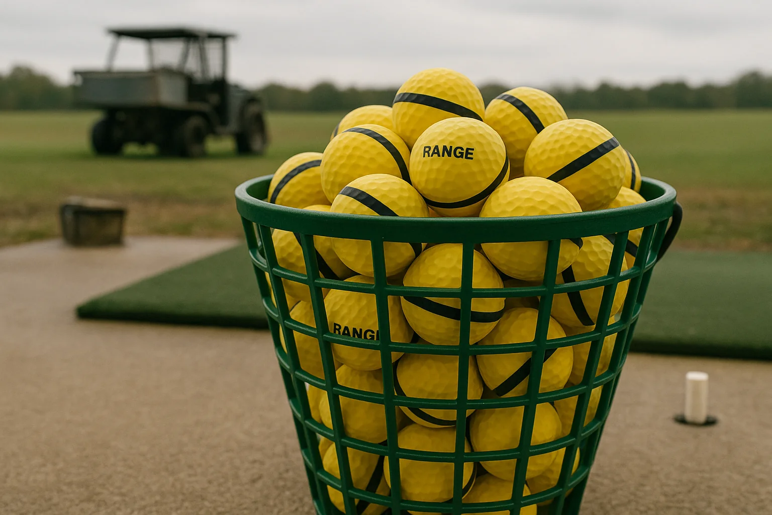 yellow range golf balls in basket at driving range field
