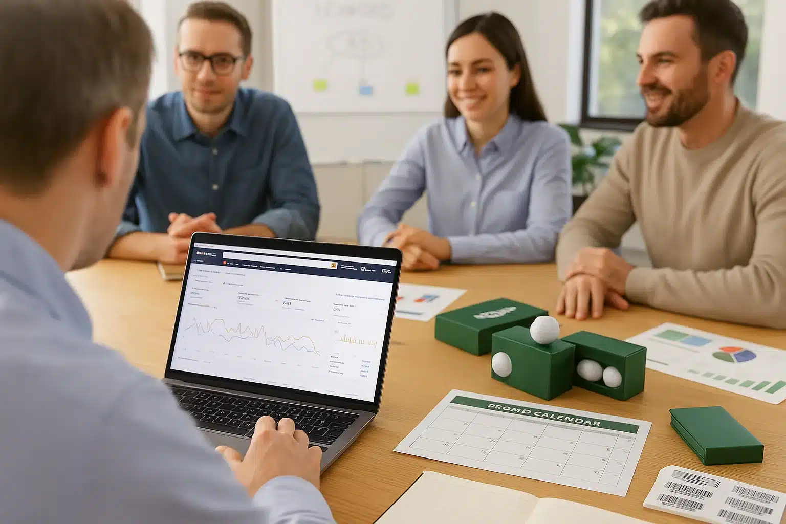 team meeting discussing branded golf ball marketing strategy with packaging samples