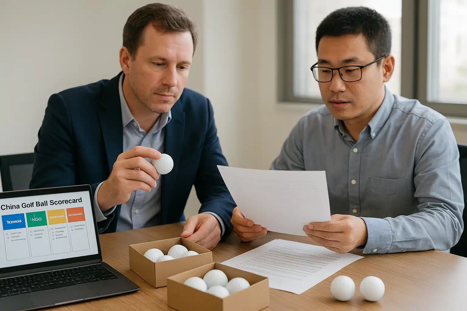 OEM golf balls buyer meeting with China supplier reviewing performance scorecard and export terms