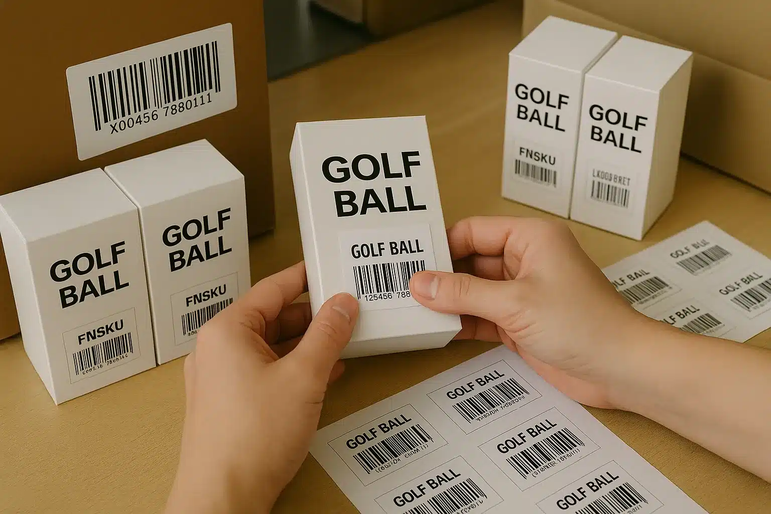 applying barcode labels on custom golf ball packaging boxes for export