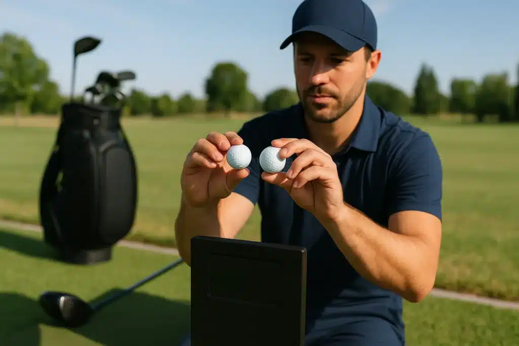 golfer comparing custom golf balls on driving range