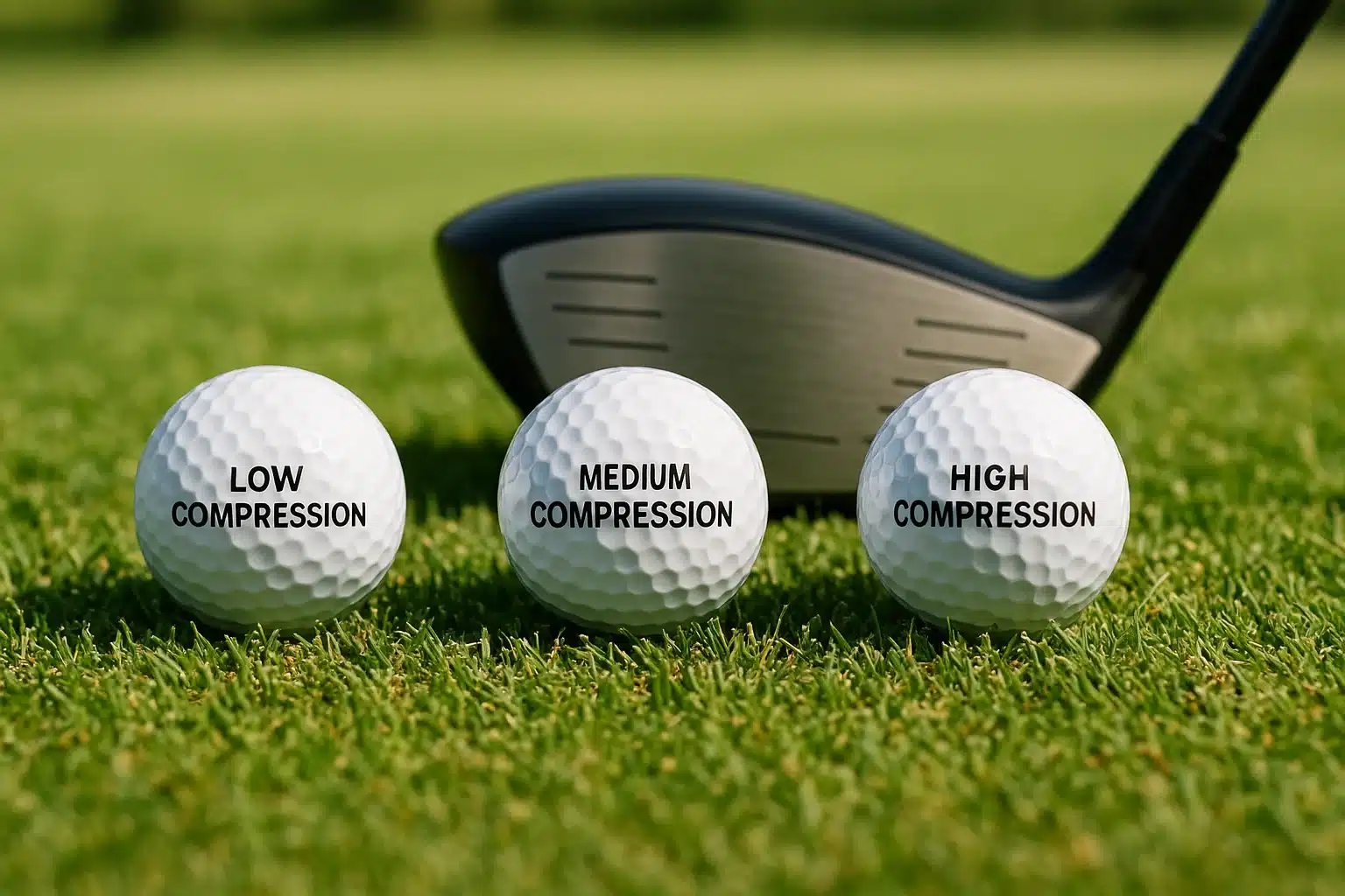three custom golf balls with different compression levels on grass