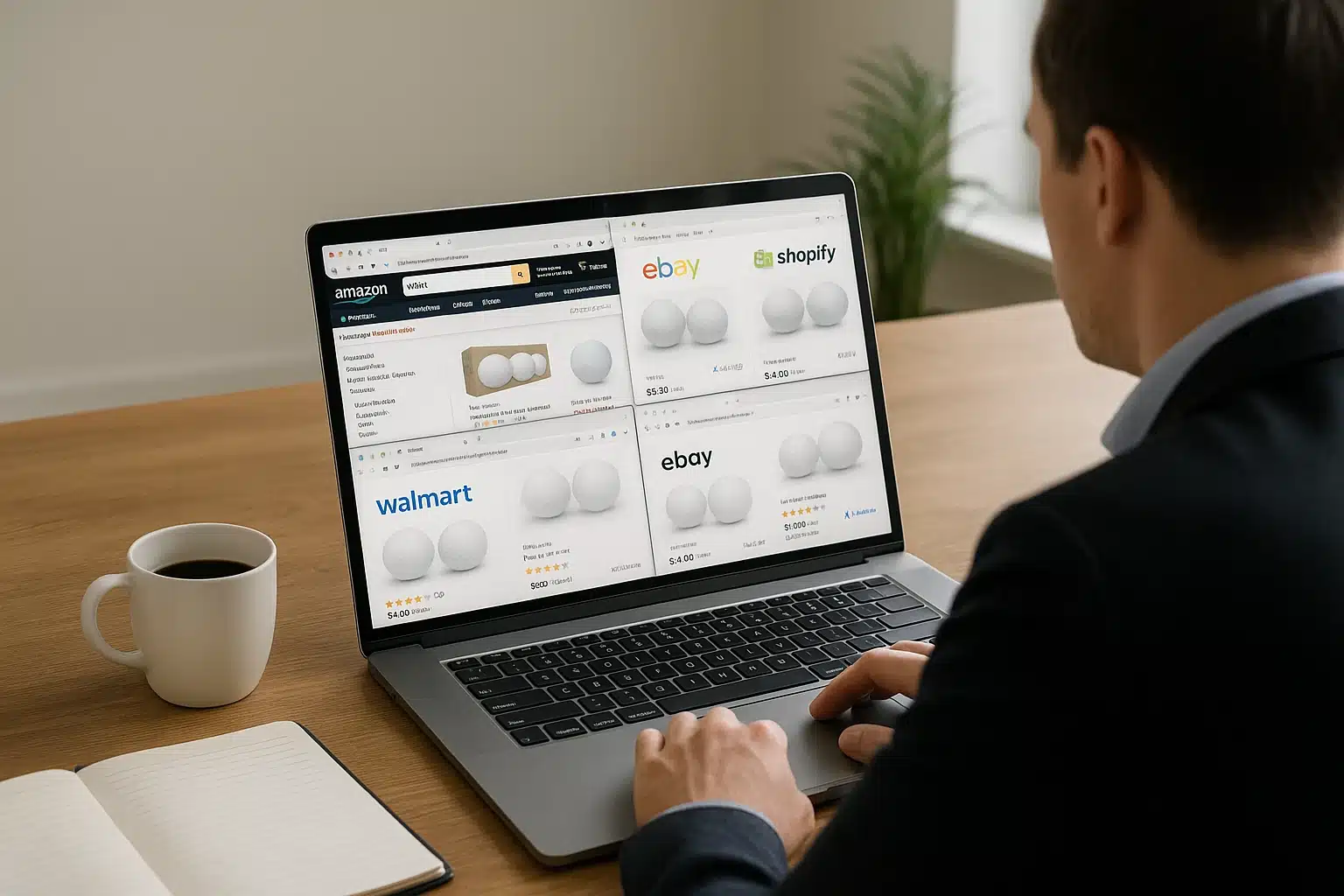 businessman researching custom golf balls on e-commerce platforms