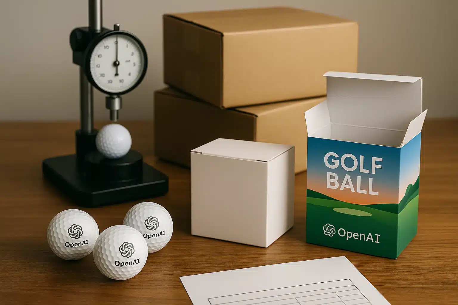 custom printed OEM golf balls with packaging and durability testing setup for corporate buyers