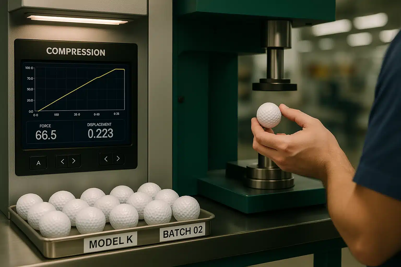 golf ball compression test technician testing golf ball compression data on OEM production line
