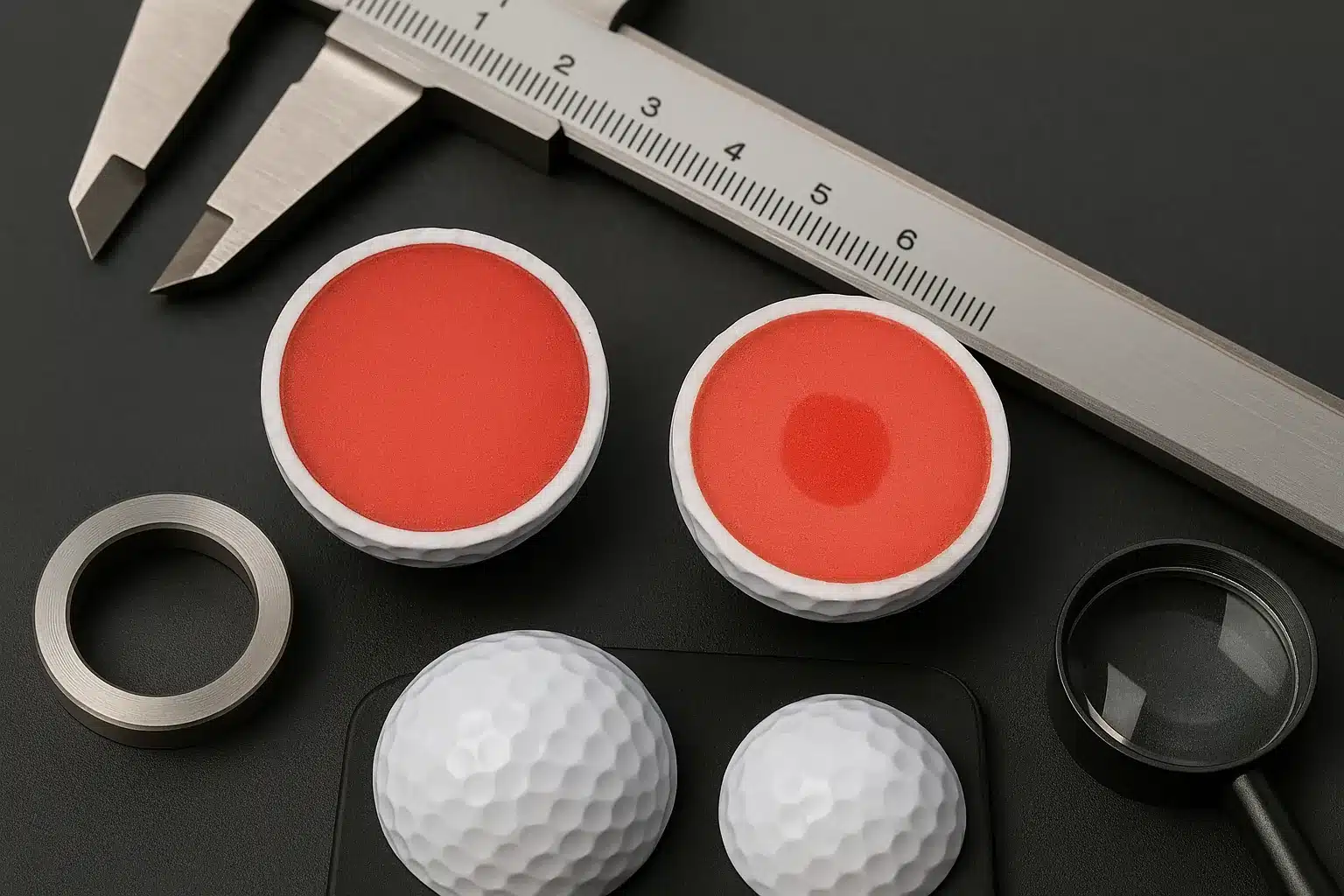 cross-section golf ball core inspection with caliper in OEM manufacturing