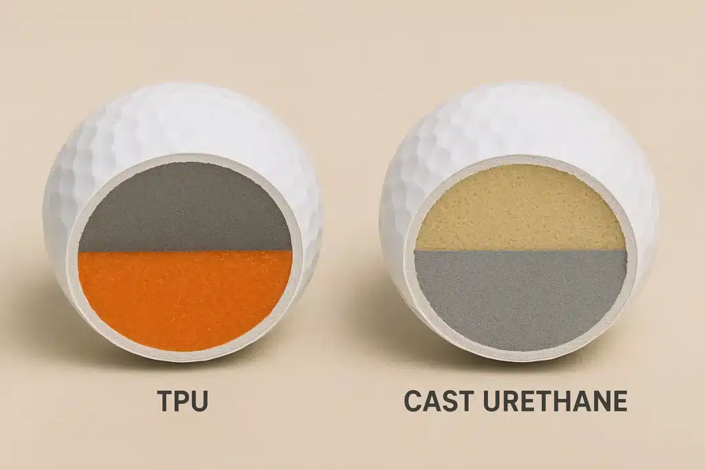 OEM golf balls cross-section: TPU vs cast urethane, custom manufacturer quality control