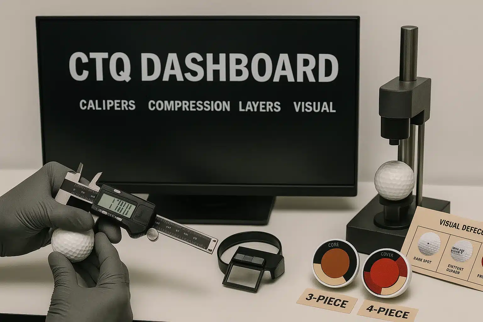 golf ball CTQ quality control with calipers and compression tester, OEM manufacturer