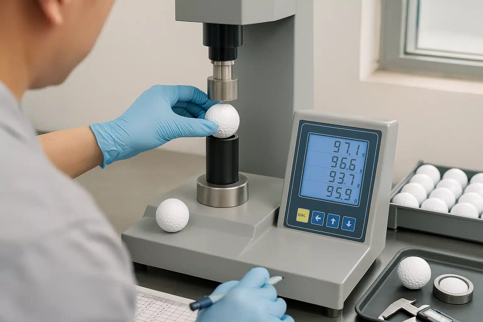 golf ball hardness testing with lab equipment in OEM factory