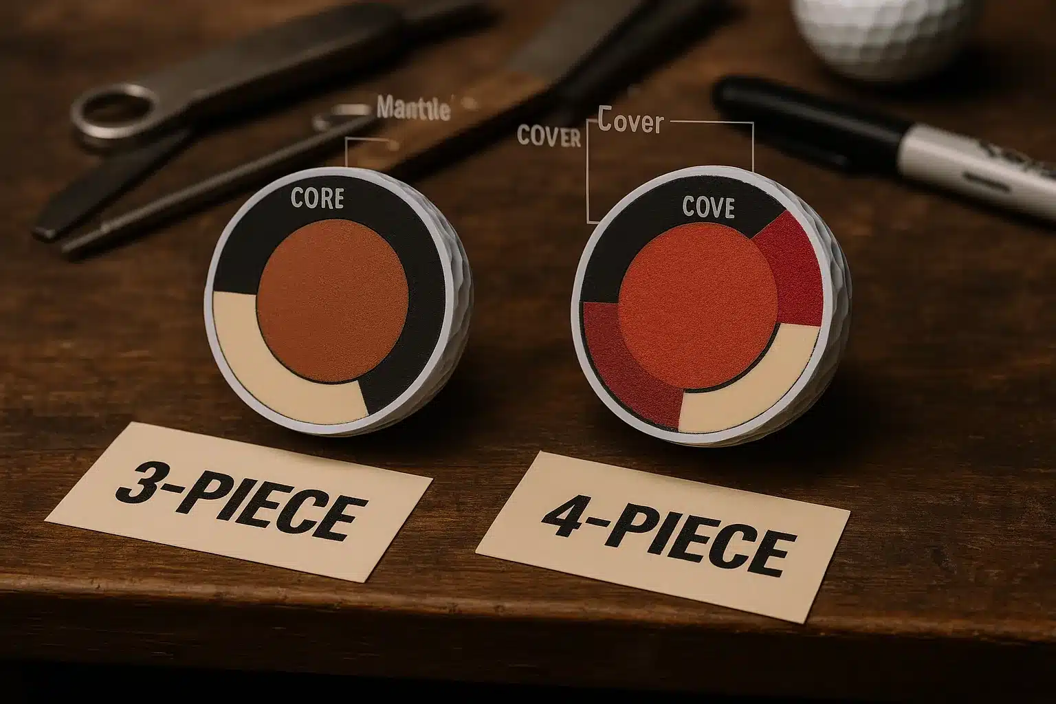 3-piece vs 4-piece golf ball cutaways on workbench, OEM custom options for wholesale