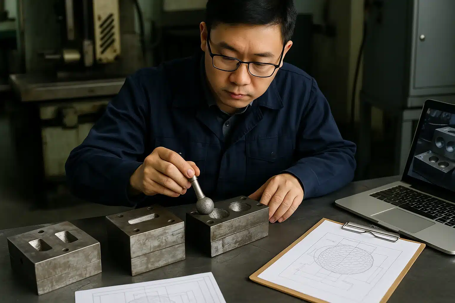 golf ball mold manufacturer Engineer testing custom golf ball mold in China factory for OEM manufacturing quality control