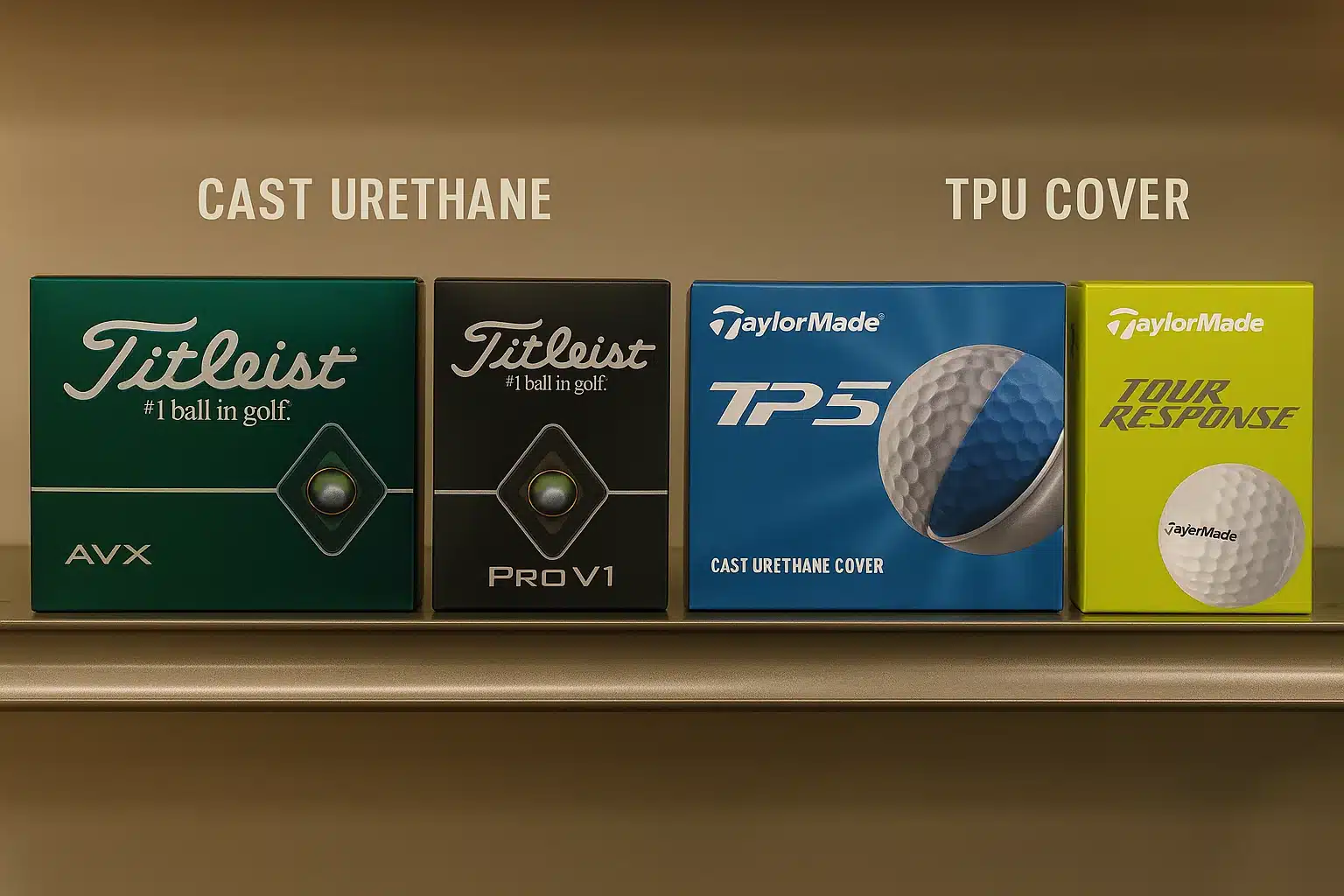 Golf ball packaging shelf showing cast urethane and TPU covers for OEM wholesale export