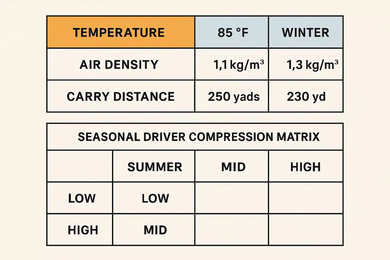 golf ball performance data chart comparing air density and carry distance in summer and winter