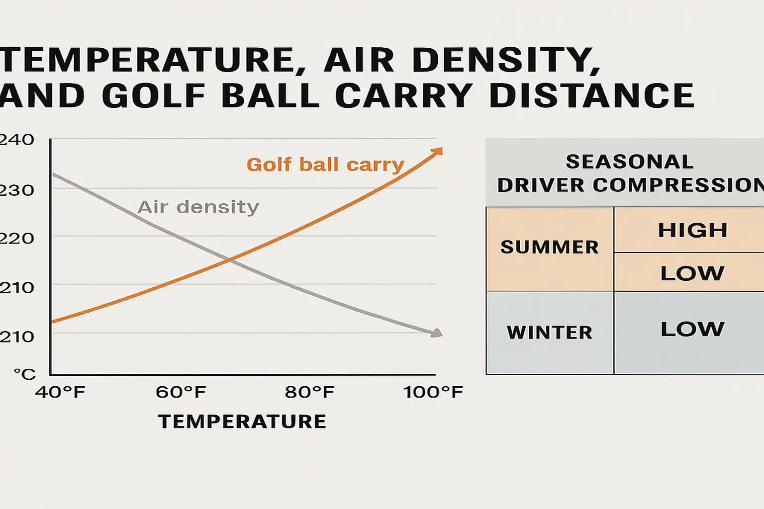 golf ball performance graph showing temperature effect on air density and carry distance