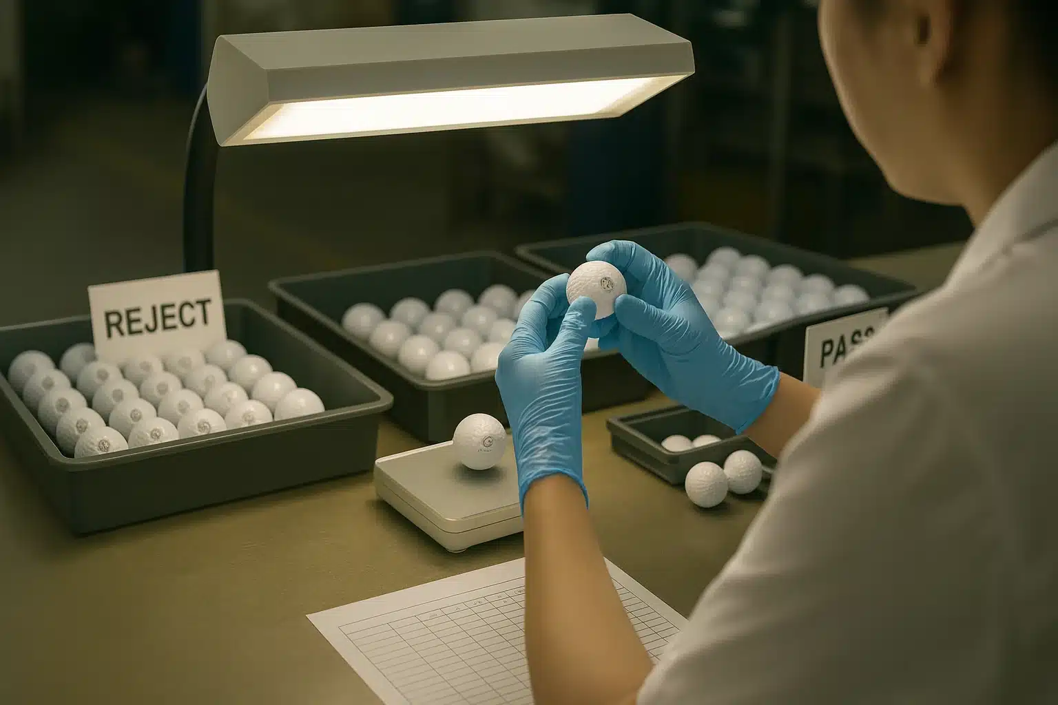 golf ball visual inspection under lamp for OEM quality control