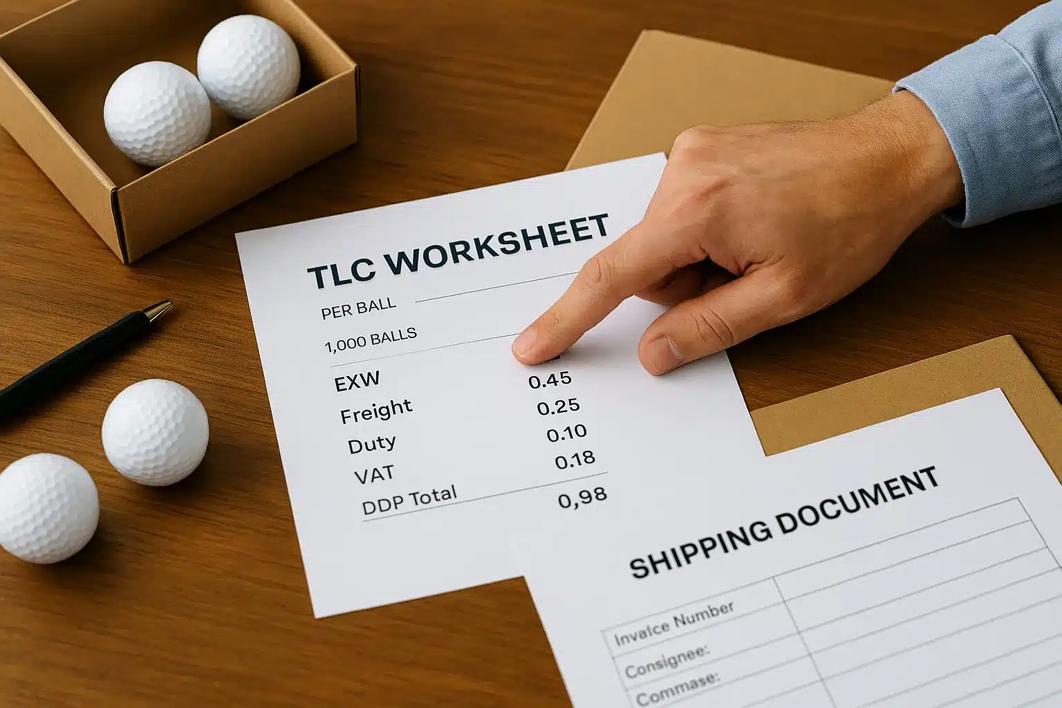 OEM golf balls with TLC cost worksheet and shipping document for bulk orders