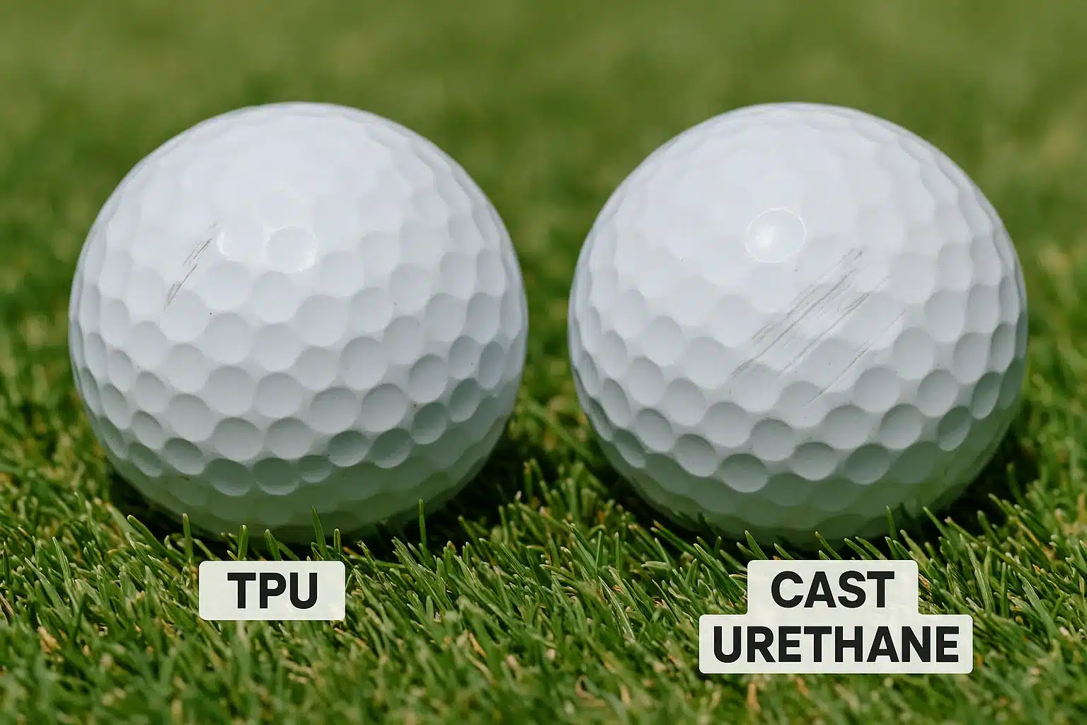 TPU vs urethane golf balls on grass with scuff marks, OEM manufacturer quality control