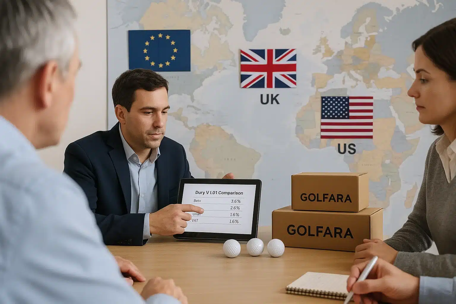 branded golf balls in international buyer meeting with export comparison chart