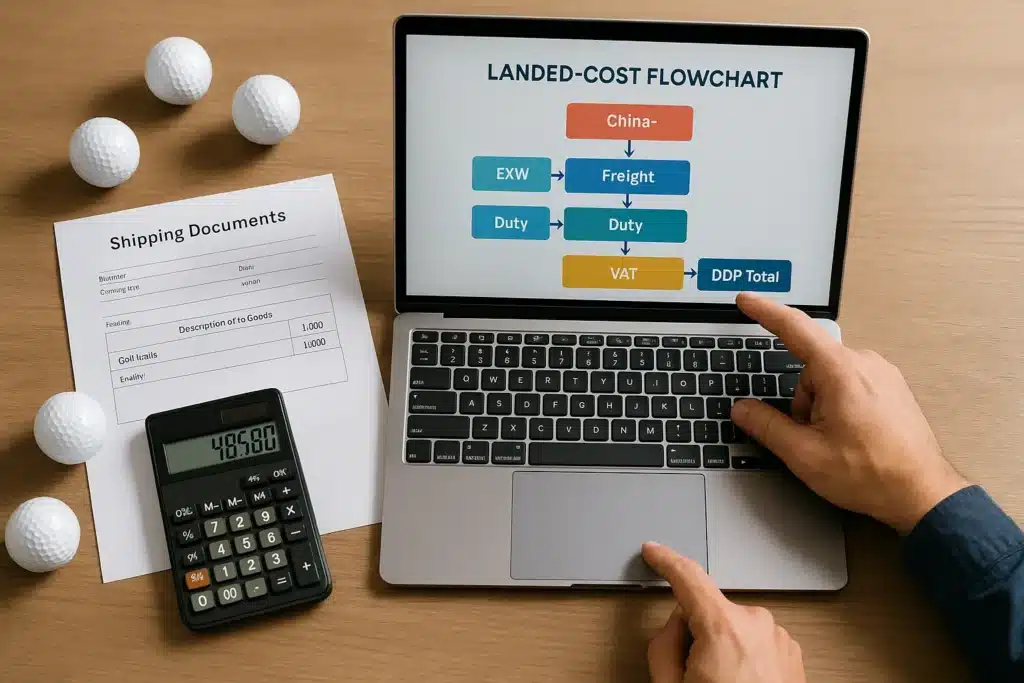 OEM golf balls with shipping documents and landed-cost chart for export