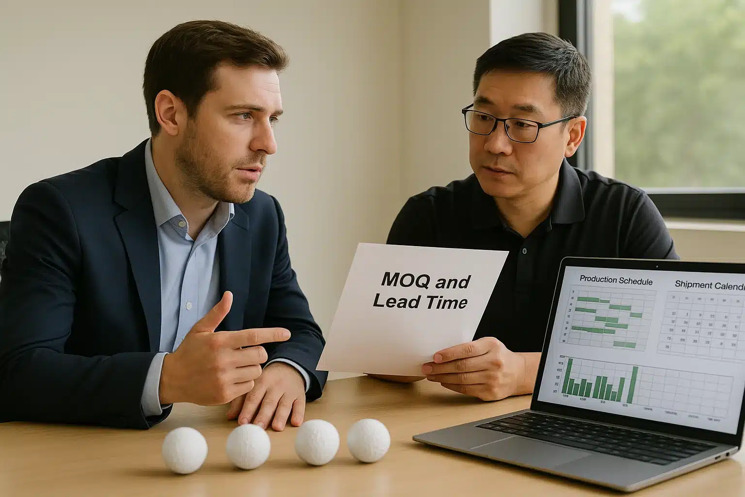 OEM golf balls buyers discussing low MOQ, lead time, and export production schedule with supplier