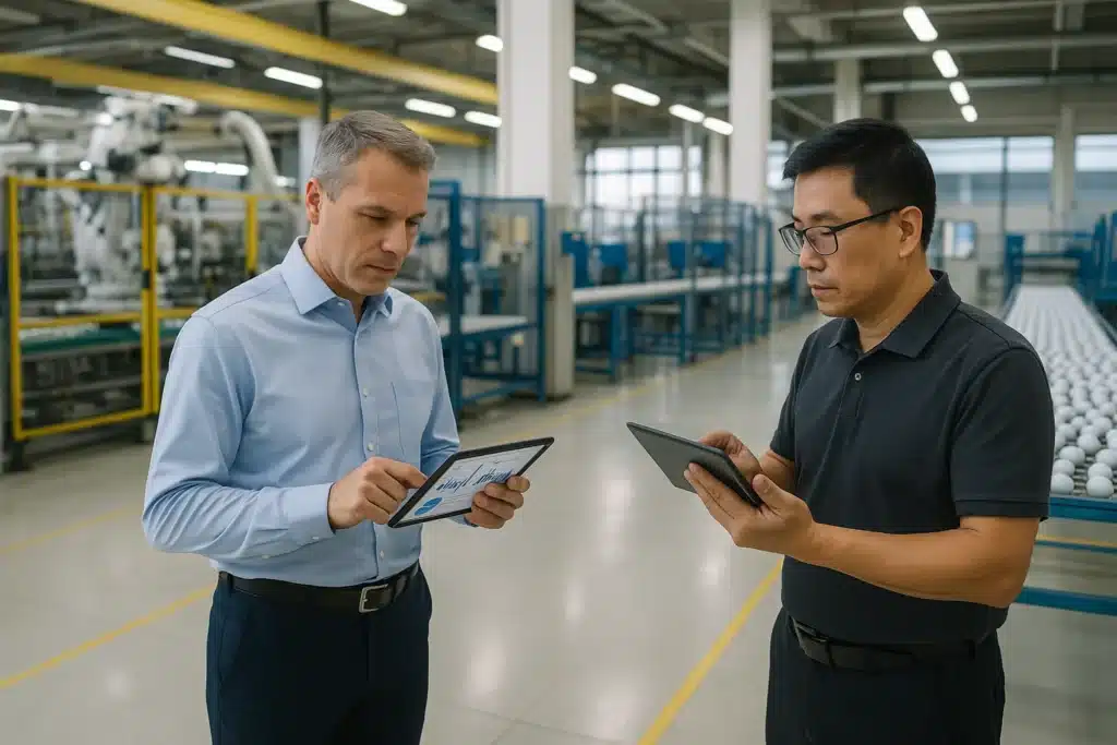 OEM golf ball factory managers reviewing production data on tablets for export quality control