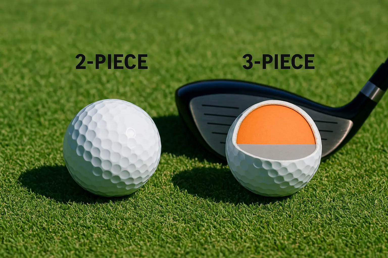 2-piece and 3-piece golf balls cross-section on grass