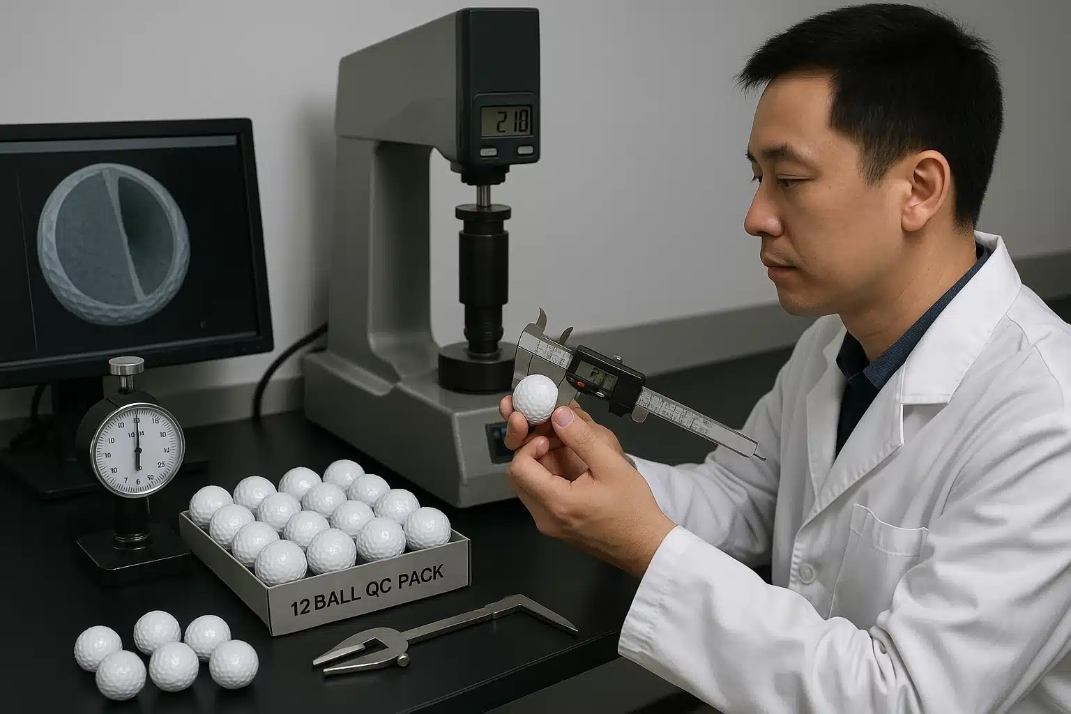 technician inspecting OEM golf balls with caliper during factory quality control test