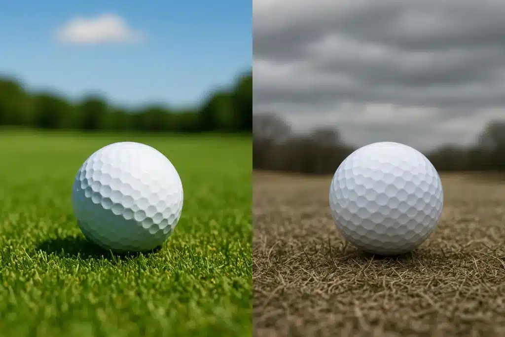 OEM golf ball on green and dry fairway, on-course quality control test for wholesale buyers