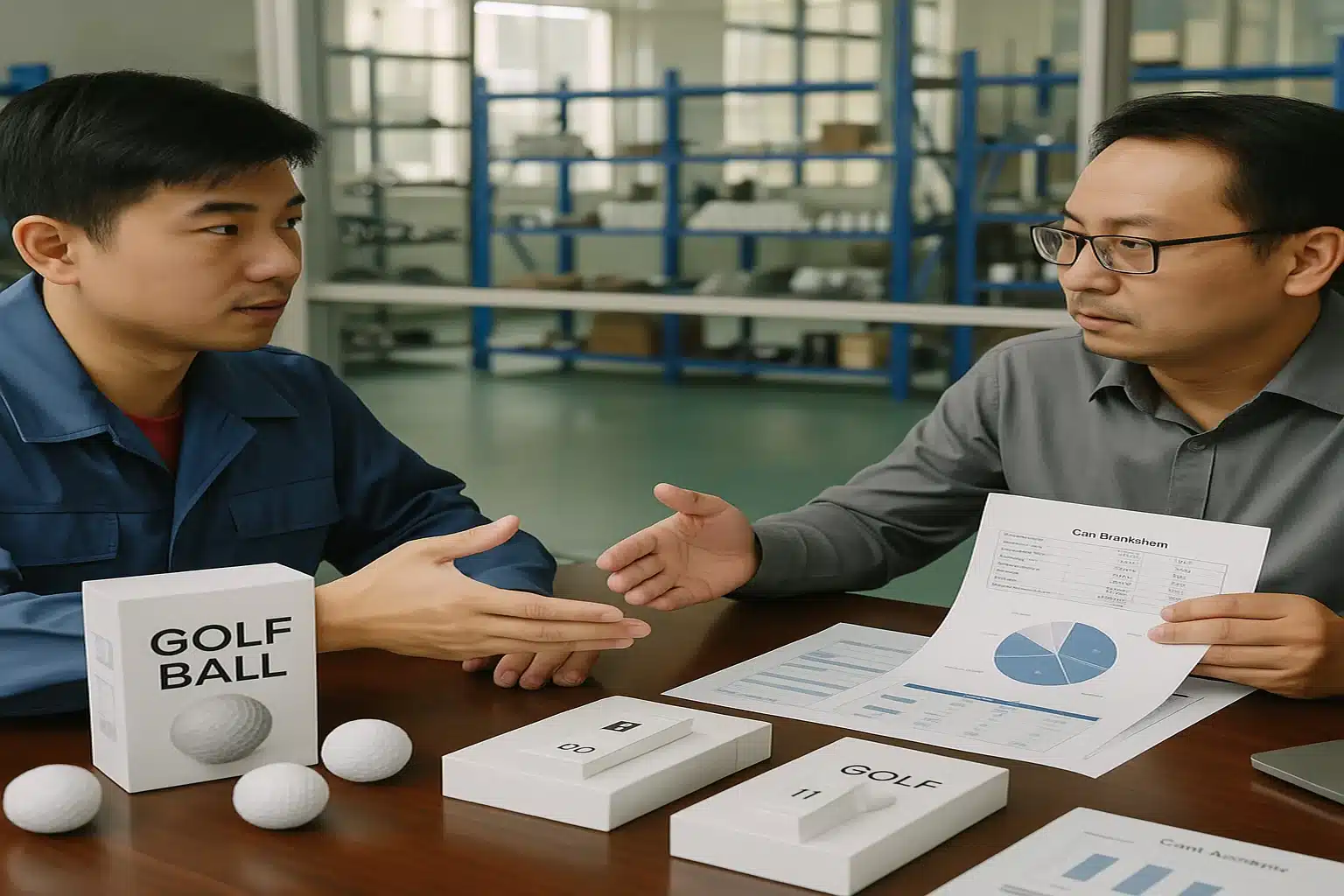 golf ball manufacturer meeting with client discussing OEM order