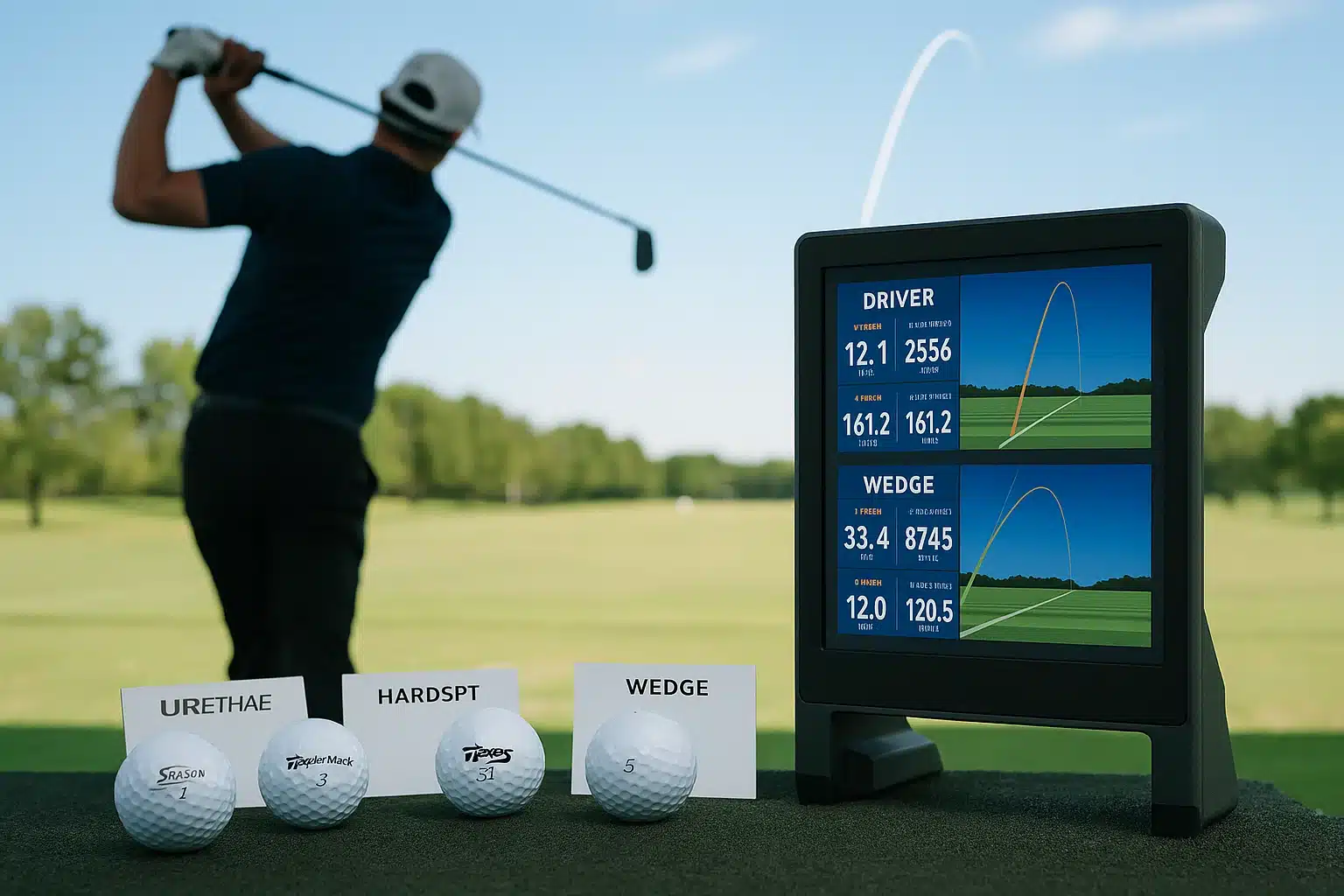 golfer testing OEM golf balls with launch monitor for performance data on driving range