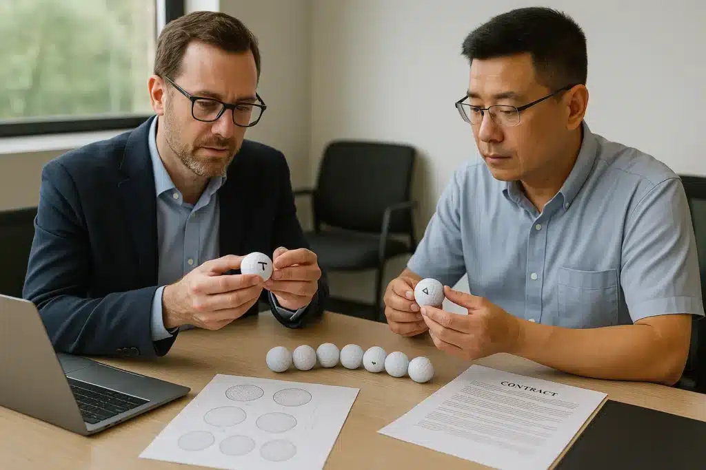 Two buyers inspecting custom OEM golf balls during contract meeting for wholesale order