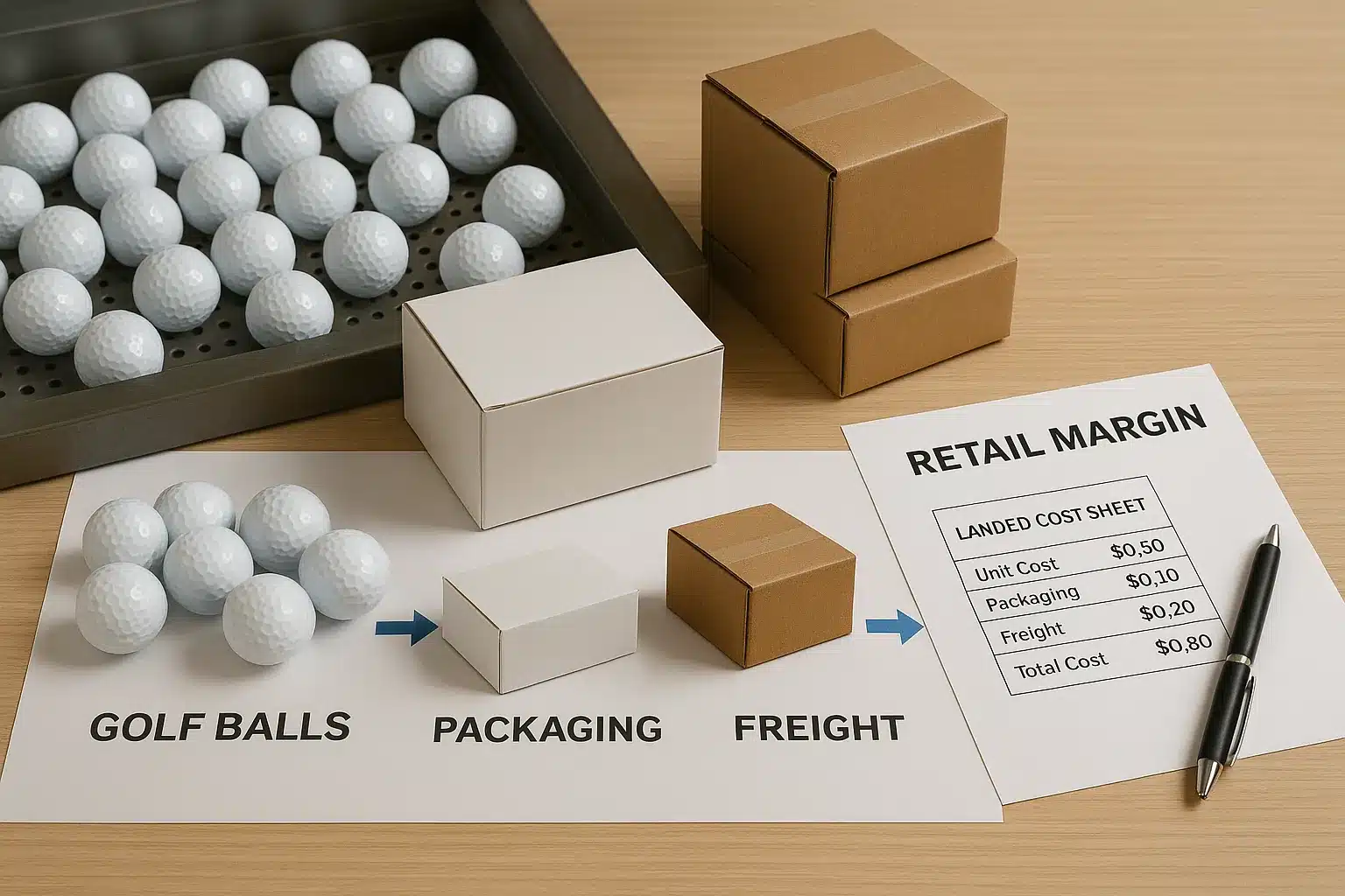OEM golf balls packaging and freight cost breakdown sheet for wholesale export buyers
