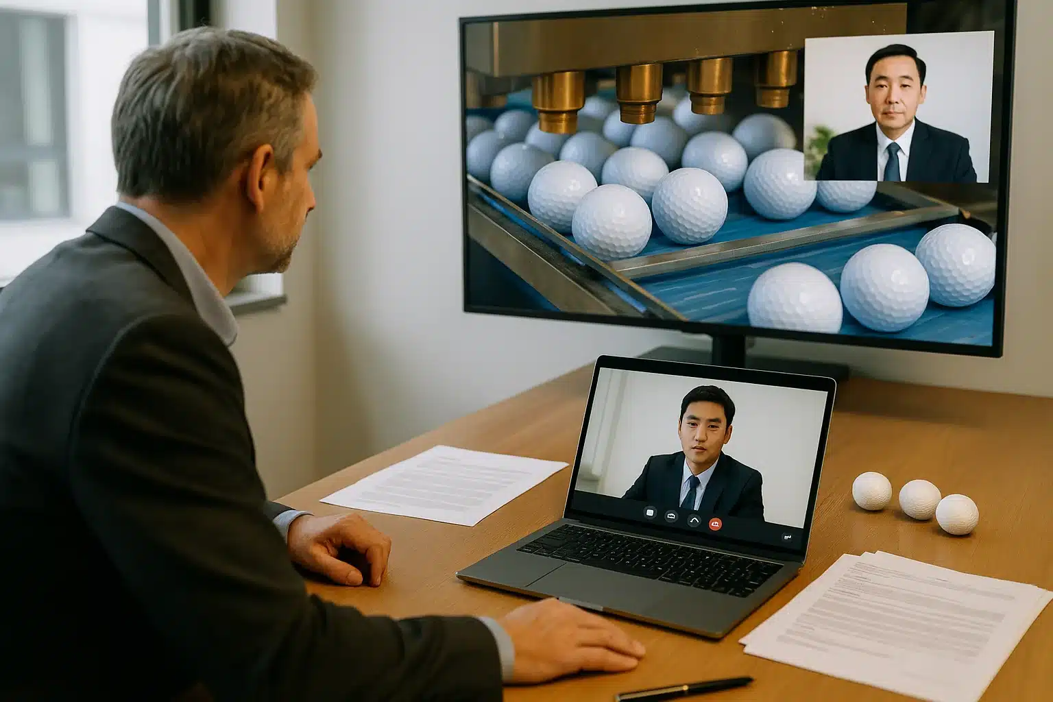 OEM golf balls factory inspection Buyer on video call with OEM golf ball manufacturer reviewing factory production line for export