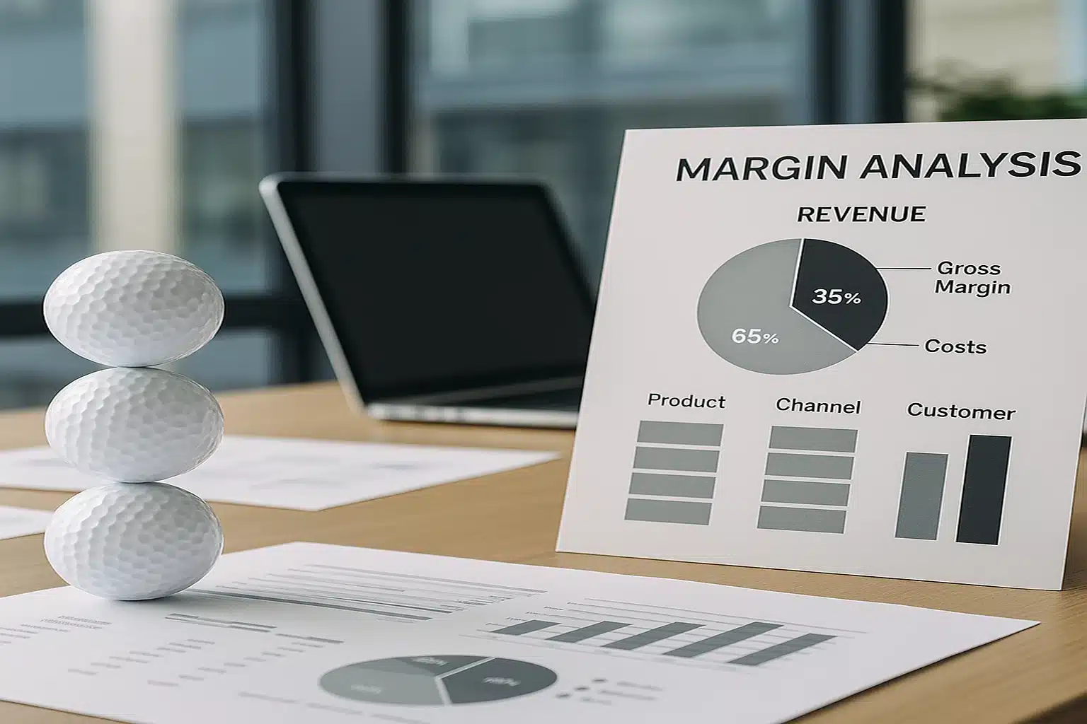 OEM white golf balls beside margin analysis report for wholesale corporate golf buyers