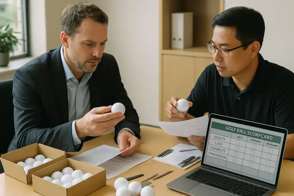 OEM golf balls quality review meeting between international buyer and Chinese manufacturer with scorecard laptop