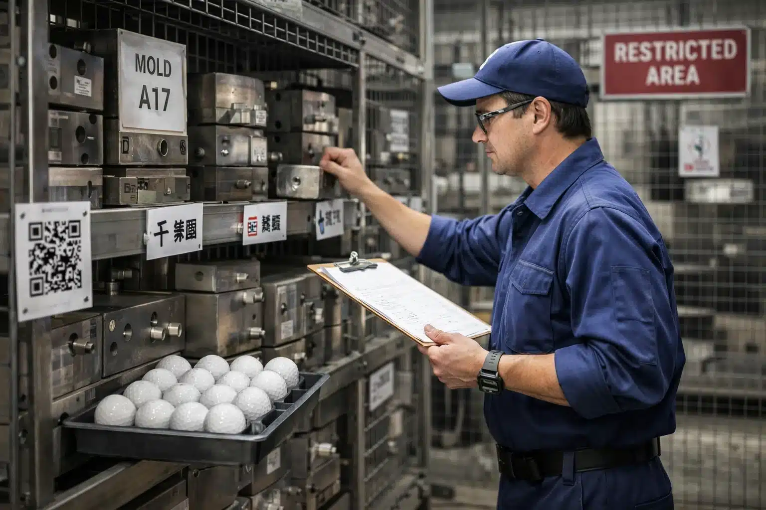 Golf Balls OEM Quality Control Inspector checks golf ball molds with tray of balls for OEM manufacturer quality control
