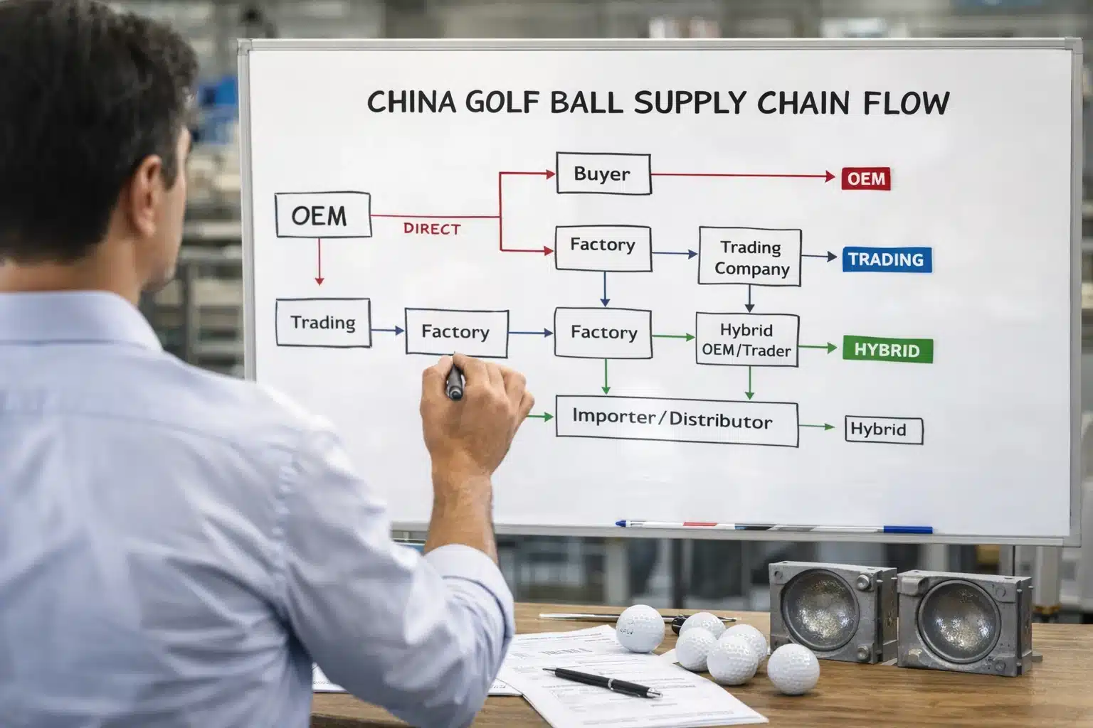 中国ゴルフボール供給網のOEMルート 中国のゴルフボールOEM調達で、OEM直取引と商社経由の供給網フローを整理し、輸入手配の進め方を検討する