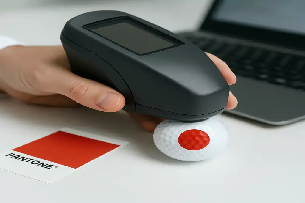 Color checking custom printed golf ball logo with Pantone swatch for OEM quality control