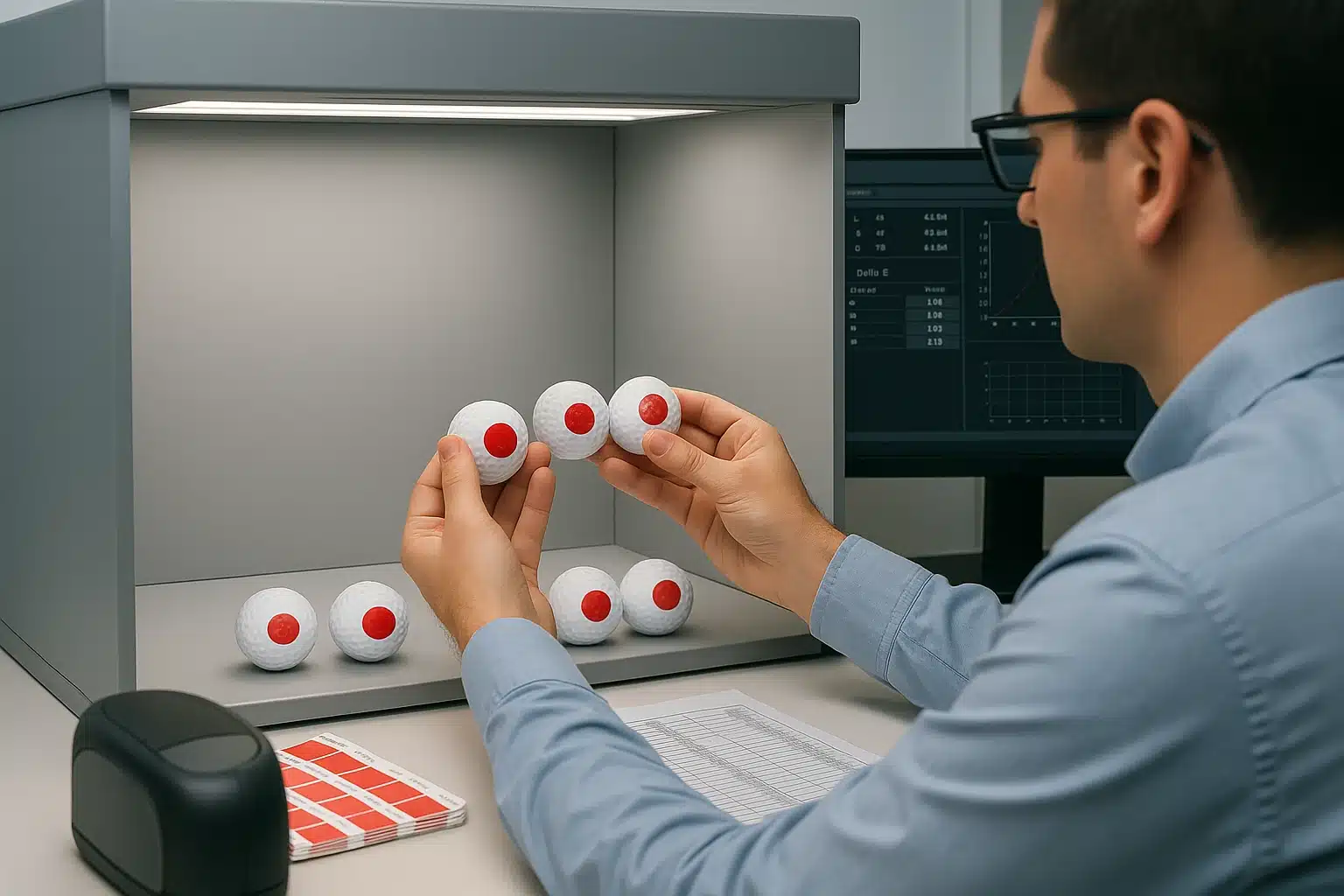 custom golf balls OEM testing Technician checking custom golf balls color consistency in OEM light box quality control
