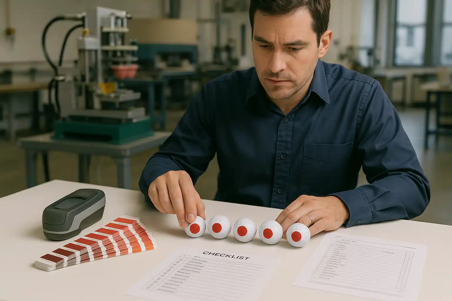custom golf balls quality control technician inspecting custom printed golf balls with Pantone chart in factory quality control