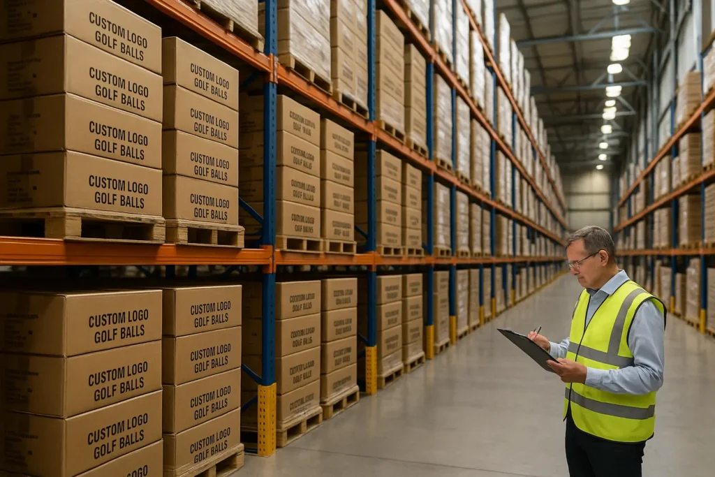 Bulk custom logo golf balls in warehouse with quality control inspector for wholesale orders