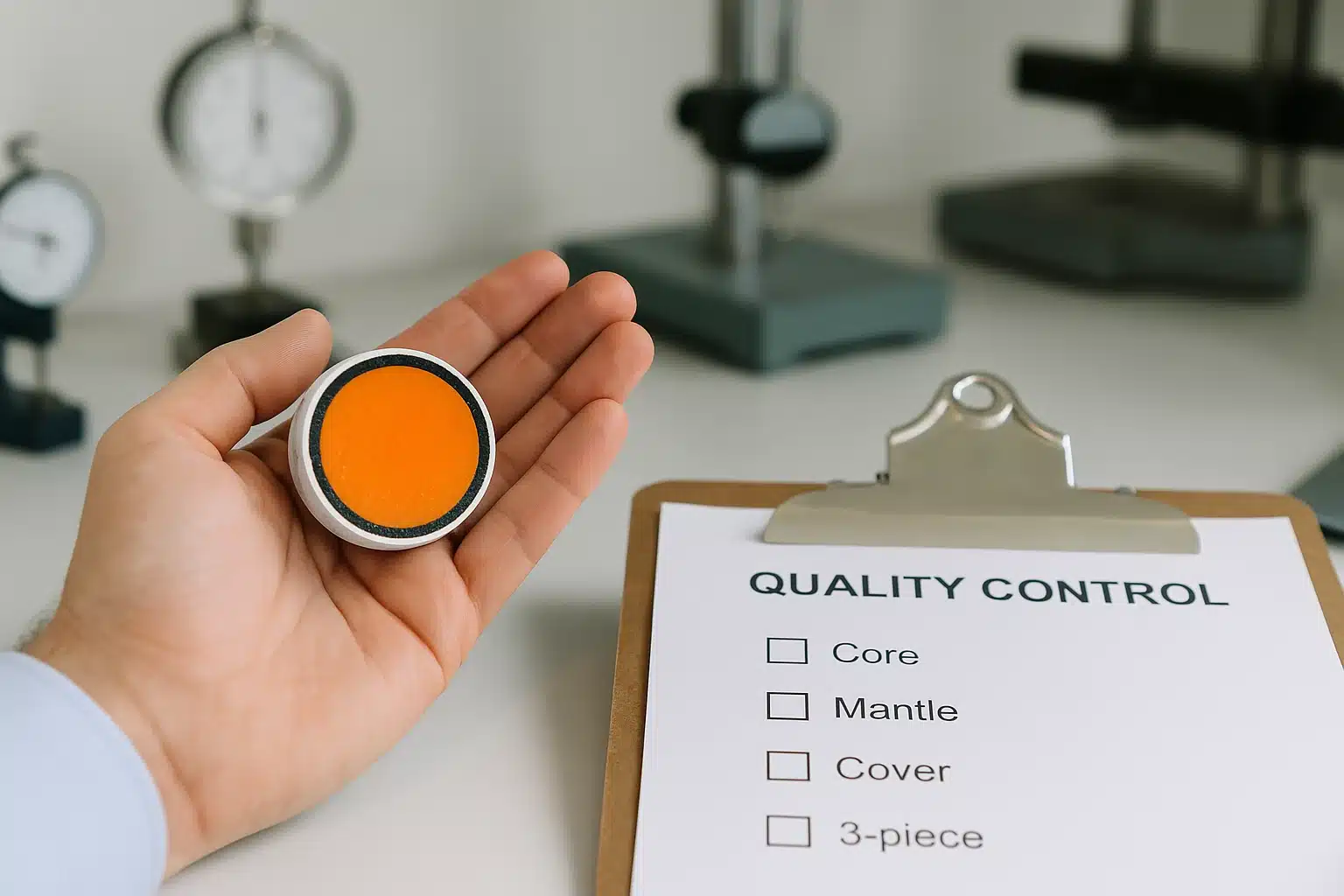 golf ball core quality control OEM golf ball core cross-section in manufacturer quality control lab for B2B buyers