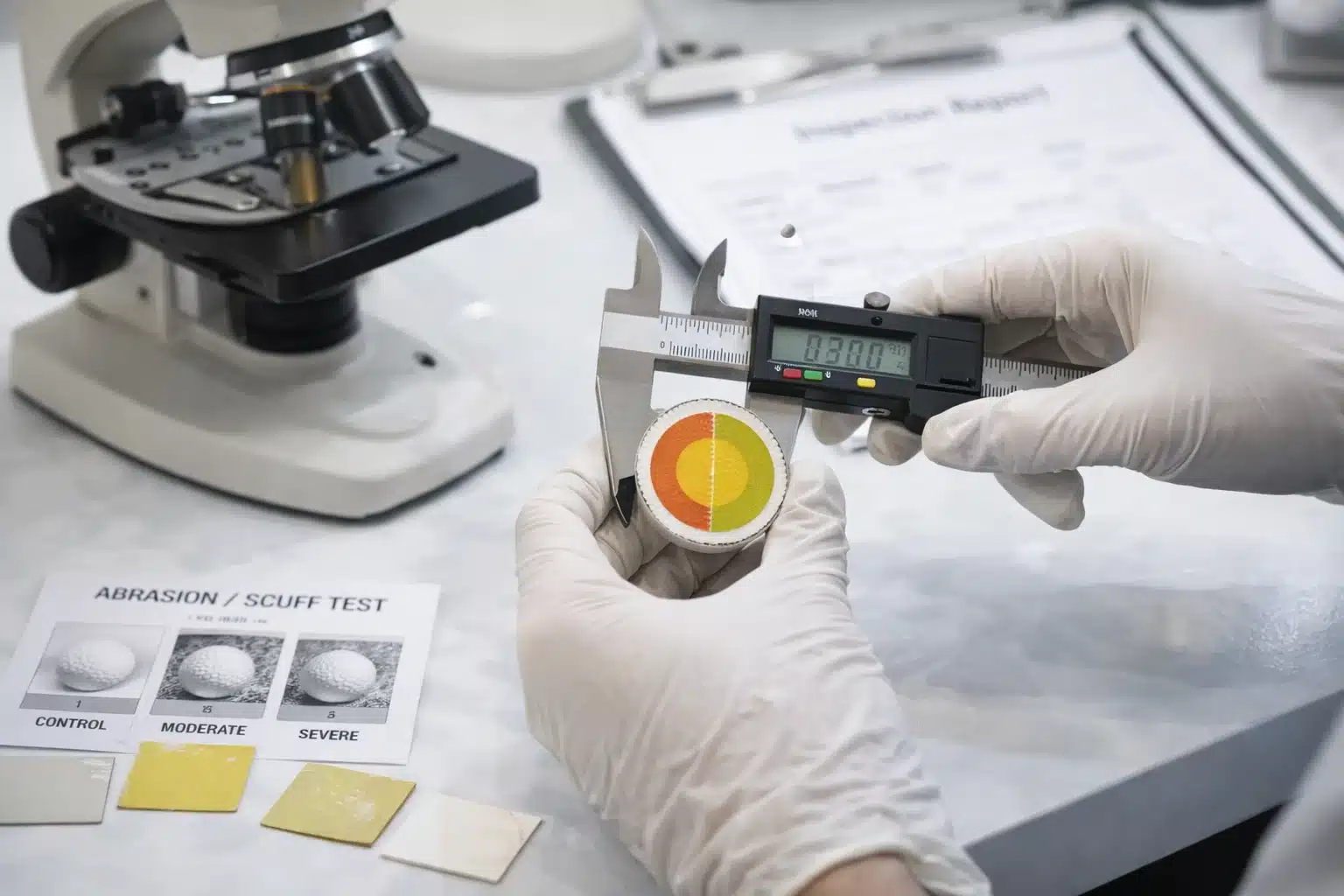 ゴルフボール断面の厚み測定と品質検査 ゴルフボールのカバー断面をノギスで測定し、顕微鏡と耐摩耗試験データで厚み・硬度を品質検査する工程