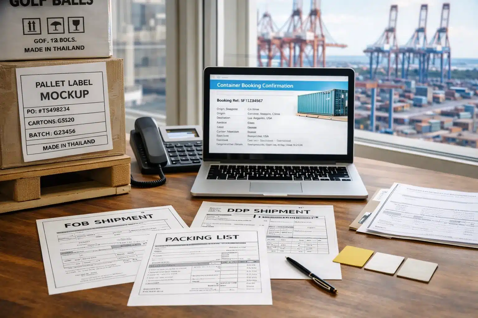 ゴルフボール輸出の書類管理とコンテナ予約 港湾の国際物流オフィスで、ゴルフボール輸出のコンテナ予約確認とFOB・DDP書類、パレットラベルを照合し、通関用データを整理して納期に合わせて手配する