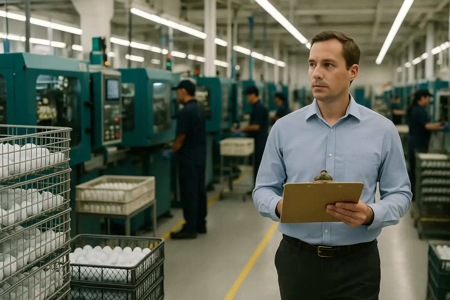 golf ball factory manufacturer Golf ball production manager inspecting factory line with OEM balls in metal baskets for export