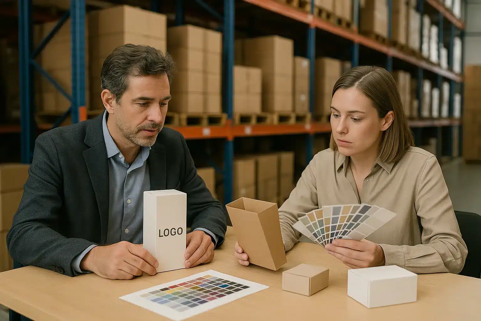 Custom golf ball packaging OEM Buyers and manufacturer reviewing custom golf ball packaging boxes and color options for OEM orders