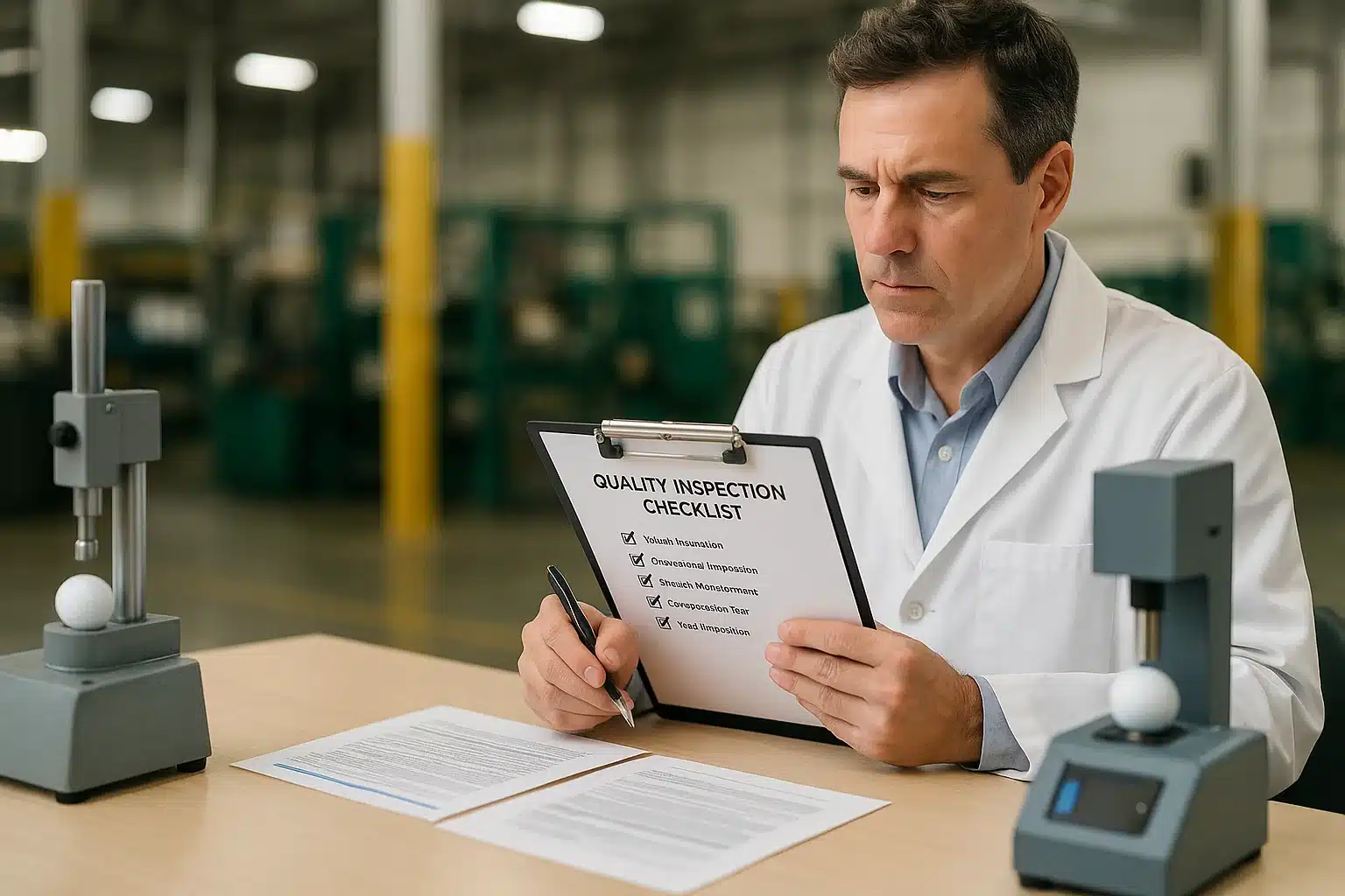 golf ball OEM inspection Engineer reviewing golf ball quality inspection checklist in OEM factory laboratory for export buyers