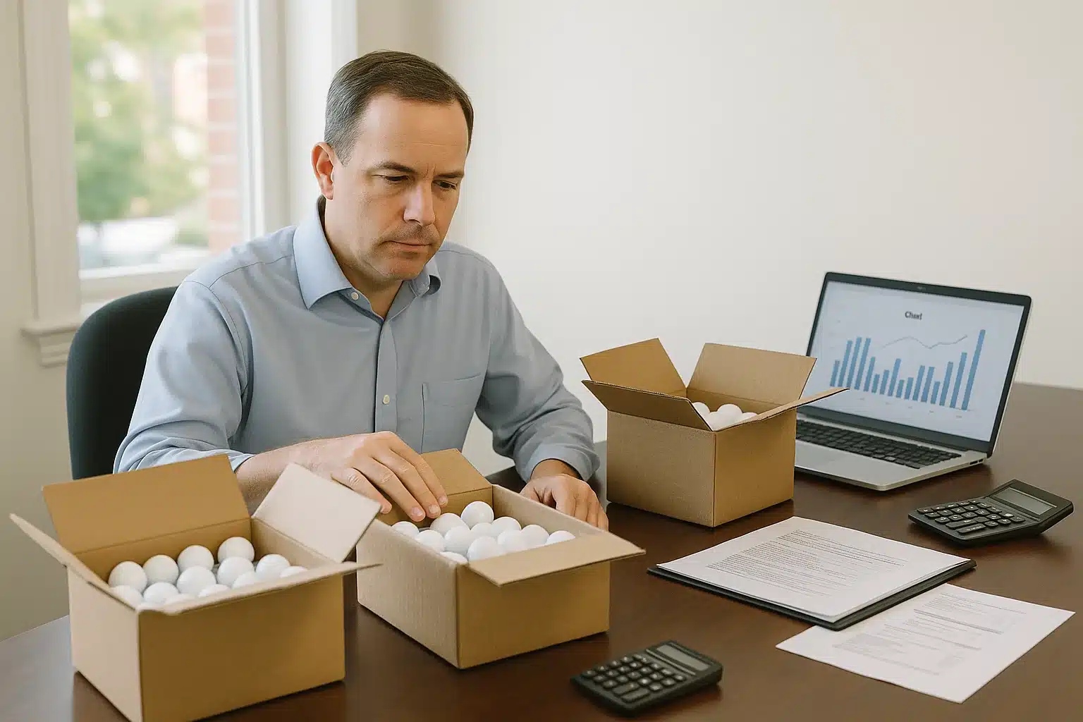 golf balls bulk wholesale Manager checking boxed golf balls for bulk wholesale order with pricing spreadsheets and charts